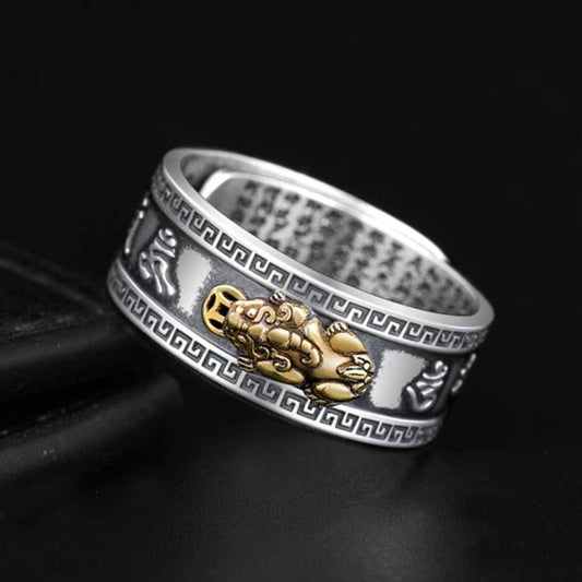 Mantra Engraved Pixiu Feng Shui Ring for Wealth and Protection